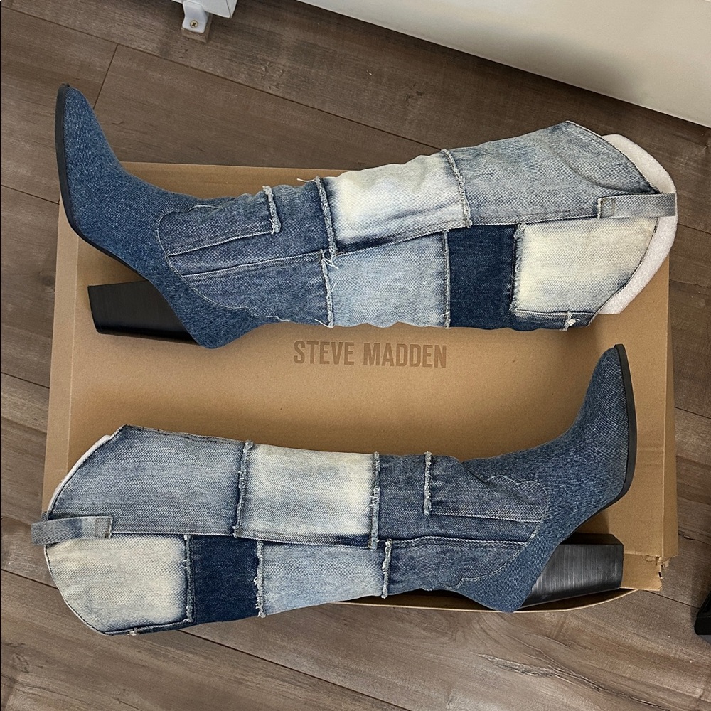 Steve Madden Blue Patchwork Knee-High Cowgirl Boo… - image 4